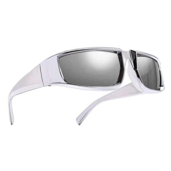 Y2K Trendy Wrap Around Silver Futuristic Unisex Rave Party Fashion Sunglasses - Picture 1 of 5